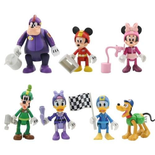 6/7pcs/set Disney Mickey Mouse Minnie Mouse Anime Figure Donald Duck Scene Racing Cake Decoration PVC Moedel Kids Birthday Gift