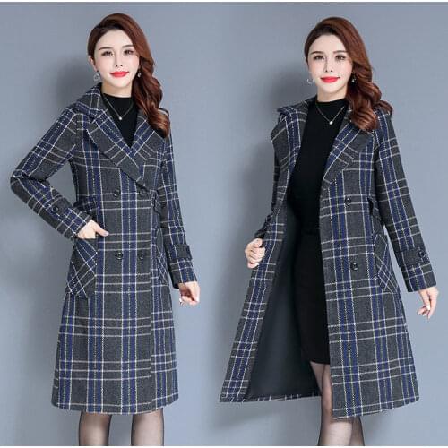Autumn Winter Clothes Woolen Jacket Women Long Casual Plaid Coat Thickness Warm Wool Coat Jackets Double Breasted Outwear X212