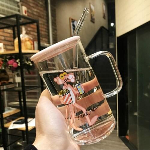 Cute Glass Water Bottle With Straw With Spoon Creative Pink Glass Water Cup For Women Girl Milk Tea Coffee Drinking