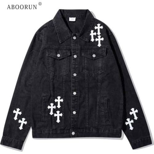 ABOORUN Mens Vibe PU Leather Cross Patchwork Denim Jackets Hip Hop Loose Jean Coat High Quality Coat for Male