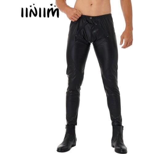 Men Latex Long Pants Shiny Faux Leather Elastic Waistband Skinny Pants Zipper Front Trousers Sexy Party Nightclub Pole Dancing