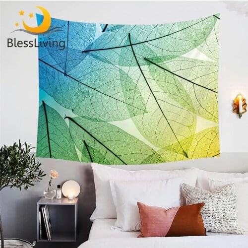 BlessLiving Plant Leaves Wall Hanging Leaf Texture Bed Sheet 3D Print Nature Wall Carpet Green Blue Custom Tapestry Dropshipping