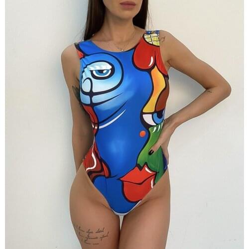 2021 New Women Sexy Abstract Print One Piece Vintage Backless Monokini Bikini Beach Wear Swimsuit Woman Swimwear Bathing Suit