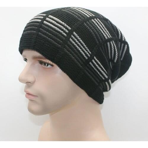 Mingjiebihuo Autumn and winter horizontal striped knitting plus fleece head cap outdoor sports men and women warm hat