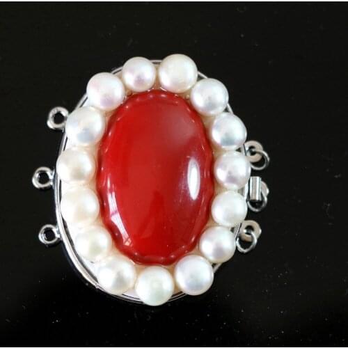 CHARMS!Natural pearl red chalcedony jades stone 3 rows oval clasp wholesale/retail for women diy clasp jewelry B842
