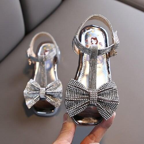 Girls Sandals Rhinestone Bow-knot Latin Dance Kids Shoes Children High Heel Princess Shoes Glitter Leather Party Dress Wedding
