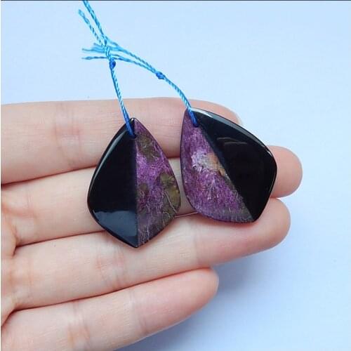 Natural Stone Obsidian And African Purple Stone Intarsia Earrings 31x22x5mm 8g Semiprecious Stone Fine Jewelry