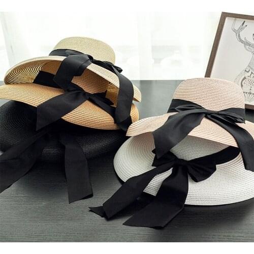 2020 Fishion Summer womens Big Bow Sun Hat Hepburn Style Vintage Wide side Straw Hat Solid Color Anti-UV Holiday Beach Hat