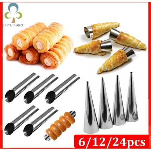 6/12/24pcs Baking Cones Stainless Steel Spiral Croissant Tubes Horn bread Pastry making Cake Mold baking Dessert Bread Tools ZXH