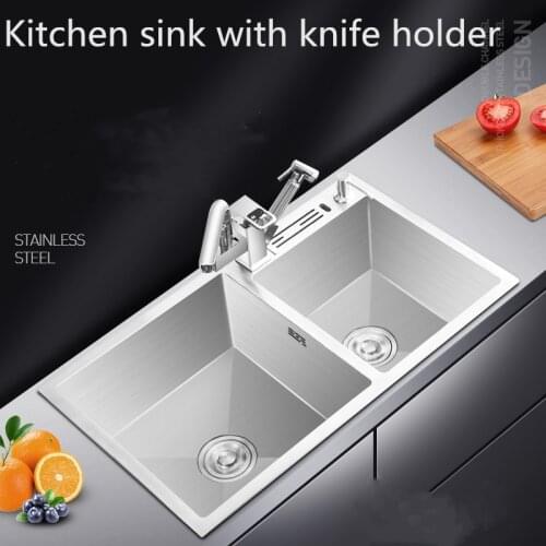 304 Stainless Steel Wash Basin Double Bowl Kitchen Sink with Knife Holder Above Counter Brushed Kitchen Manual Thick Dish Sink