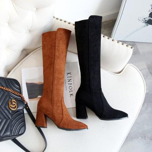 Occident Winter Lady Women Pointed Toes High Heels Knee High Boots Shoes Pointed Plush Comfortable Shoes