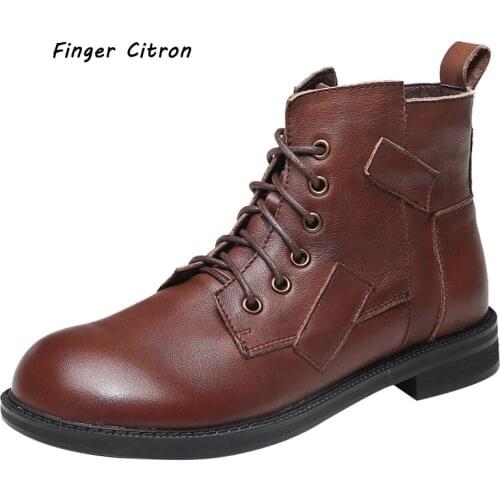 Finger Citron Genuine Cow Leather Women Anckle Boots Round Toe With Zipper Rubber Outsole By Handmade Lady Style Size 35-41