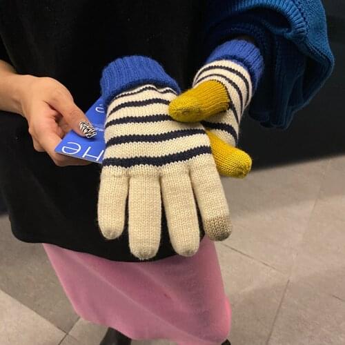 Womens Winter Touch Screen Gloves Thicken Warm Knitted Stretch Gloves Imitation Wool Full Finger Outdoor Skiing Gloves