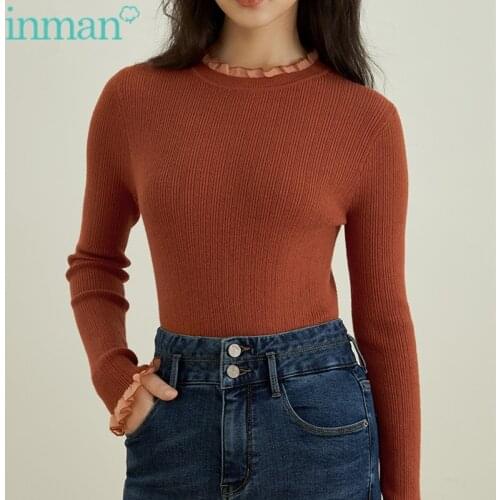 INMAN Womens Pullover Sweet Elegant Wood Ear Splicing Design Slim Flexible Minimalist Basic Sweater Pure Color Top