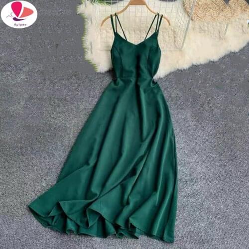 New-Coming Spring Summer Holiday Dress Cross Spaghetti Strap Open Back Solid Beach Style Ankle-Length Women Dresses