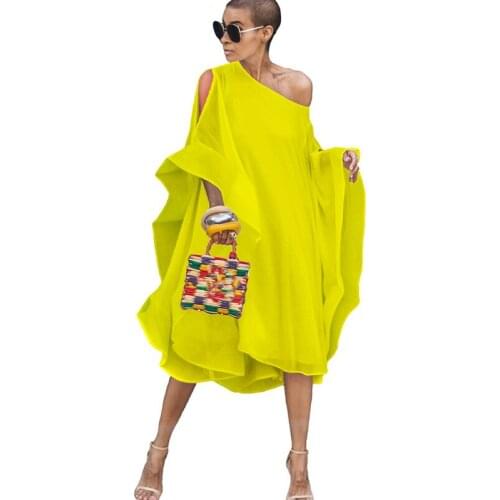 Women Autumn High Street Chiffon Dress Off Shoulder Batwing Sleeve Loose Knee-length Tunic Dress Elegant Party Dresses Vestidos