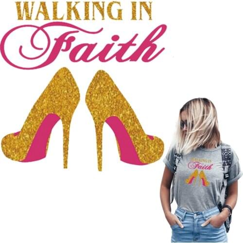 Walking In Faith Badges Transfers Girl T-Shirt Dresses Heat Transfer Clothes Diy Accessory Iron On Fashion Stickers Patch