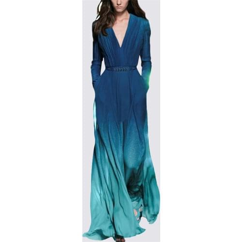 2021 Fashion Gradient Color Blue Chiffon Maxi Dress Womens Long Sleeve V-Neck Ruched Elegant Party Long Vestidos Robe With Belt