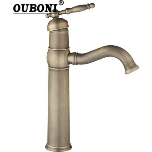 OUBONI Plated Antique Brass Stream Swivel Rotated Spout Tall Bathroom Water Tap Kitchen Bath Wash Basin Faucet Sink Mixer Tap