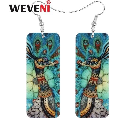 WEVENI Acrylic Rectangle Green Peacock Earrings Long Wings Feather Animal Dangle Drop For Women Girls Lady Classic Gift Jewelry