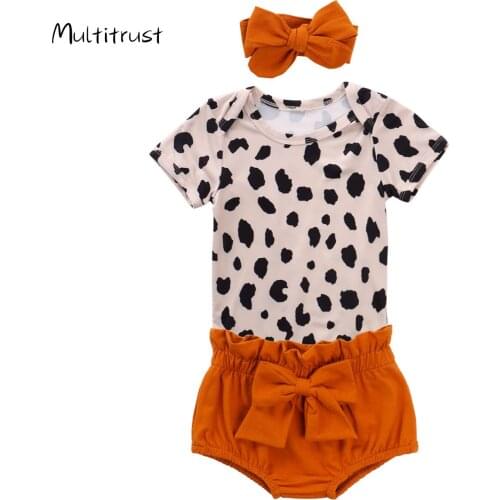 2020 Newborn Baby Girls Short Sleeve Leopard Print Bodysuit Tops+ Shorts+Headband 3pcs Toddler Baby Girls Summer Clothes Sets