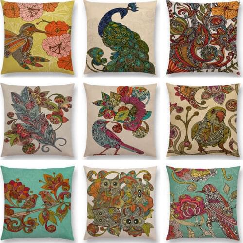 Hot Sale India Style Mandala Floral Pattern Feather Frisky Birds Flowers Hummingbird Peacock Parrot Cushion Sofa Throw Pillow