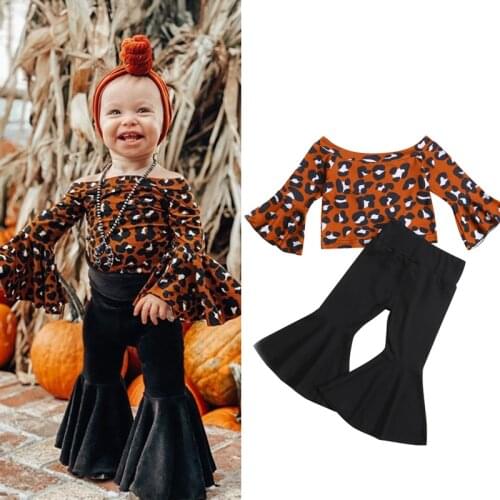 FOCUSNORM Autumn Infant Baby Girls Clothes Sets 1-4Y Leopard Printed Flare Sleeve Off Shoulder Tops Solid Flare Pants