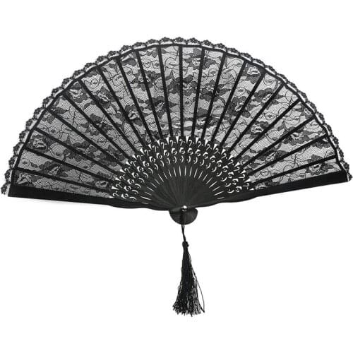 Spanish Victorian Hand Fan For Wedding Party Favor Fancy Dress Exquisite Double Layer Lace Fan Japanese Folding Fan (Black)