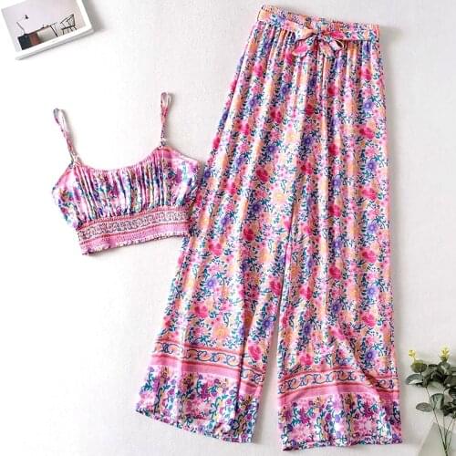KHALEE YOSE Boho vintage floral Women 2 Piece Set boho casual Summer Crop Top Wide Leg Pant Two Piece Sets Chic Beach Women Sets