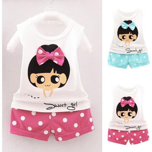 2 Color Outfits Summer Children Toddler Infant Baby Girls Cartoon Bowknot Sleeveless Vest T-Shirt Tops Dot Shorts 2Pcs Clothes