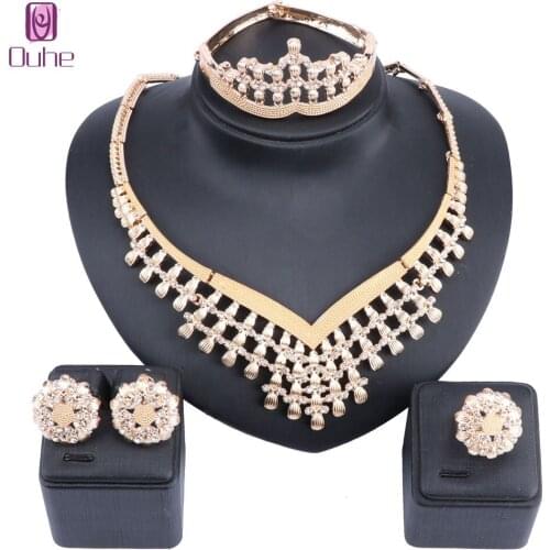 African Beads Jewelry Set Nigerian Wedding Gold Color Crystal Necklace Jewellery Sets For Women Luxury Dubai Jewelry Sets