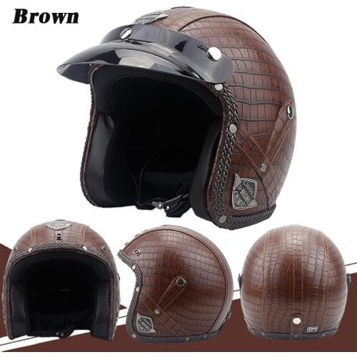 Brown Motorcycle Helmets 3/4 Open Helmet PU Leather + Goggle Mask Vintage Style XL