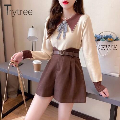 Trytree 2021 Spring Autumn Two Piece Women Set Bow Brooch Knitted Sweater + Belt Pocket Wide Leg Shorts Office Lady 2 Piece Suit