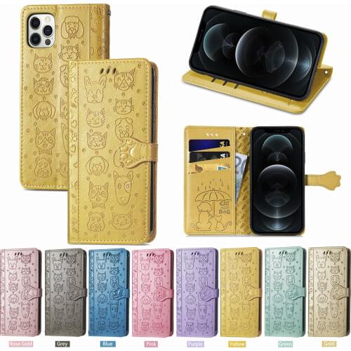 Leather Case for IPhone 12 Mini 11 Pro XS XR X Flip Wallet Coque for IPhone 7 8 Plus SE Magnetic Cat and Dog Pattern Card Cover