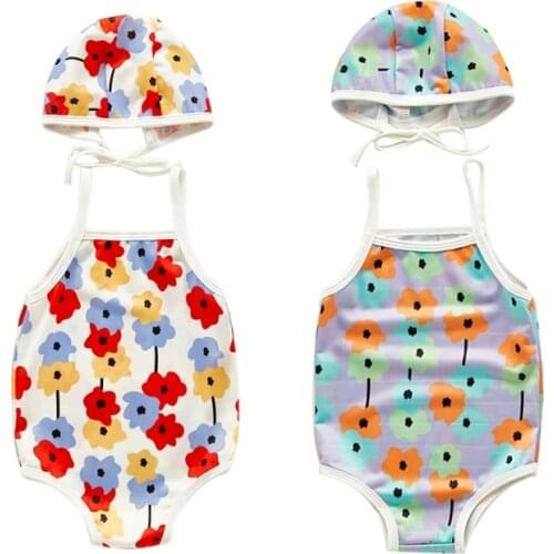 Baby Girls Swimwear With Hat Summer Baby Girls Floral Bikini Beach Swimwear with Hat Set1