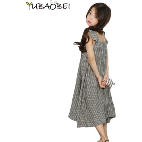 2020 Summer Girls Dress Childrens Clothing Stripe Cotton Dark Grey Summer Short Casual Korean Style Kid Child Dress