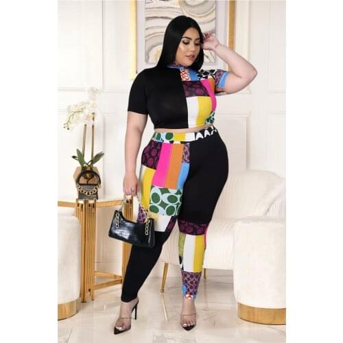 Summer Plus Size Womens Two-Piece Casual Stitching Printing Contrast Color Half-High Collar T-Shirt Trousers Two-Piece Suit