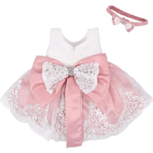 Baby Summer Clothing New Baby Princess Girls Dress Christening Lace Wedding Party Kids Formal Clothes+ Headband 0-24M