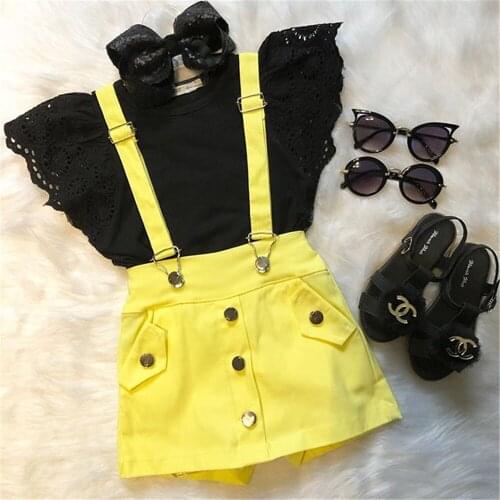 Fashion Kid Baby Girl Summer Clothes 2pcs Solid Color Fly Sleeve Tops+Suspender Shorts Outfits 2-7Y Children Clothing