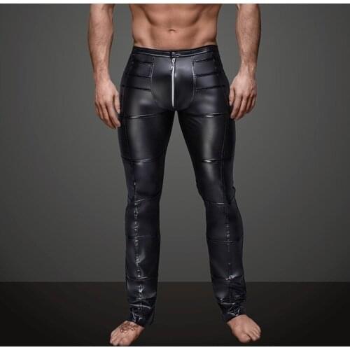 Mens Black Faux Leather Gothic Dark Wetlook Pants Tight Zipper Leggings Sexy Night Club Pants For Man