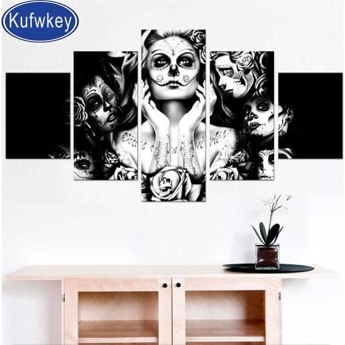 5 pcs black white Skull woman face diamond painting cross stitch Diamond embroidery diamond mosaic horror picture Halloween gift
