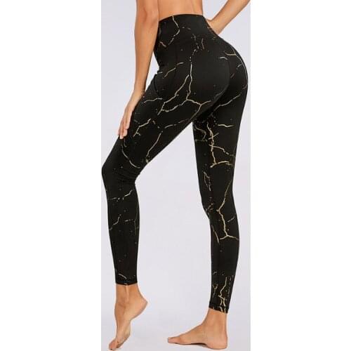 US Size Black Golden Metalic Print Sport Tights Women Hight Waist Push Up Squat Proof Fashion Stretchy Jog Pants Yoga Leggings
