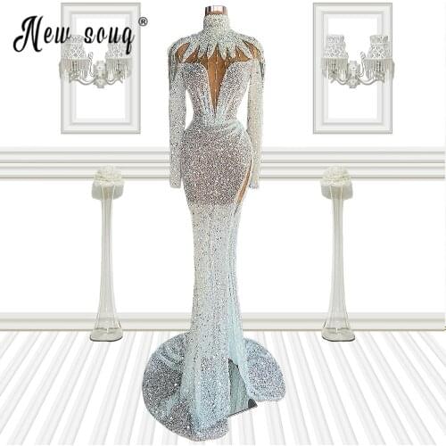 Beading Sequined Luxury Evening Dress High Neck Long Sleeve Long Prom Gowns Sexy Cocktail Dresses with Split Side Tassels Dress