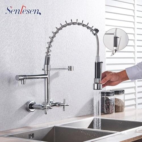 Senlsesen Chrome Kitchen Faucet Spring Dual Spout Swivel Vessel Sink Faucet Wall Mount Spray Double Tap