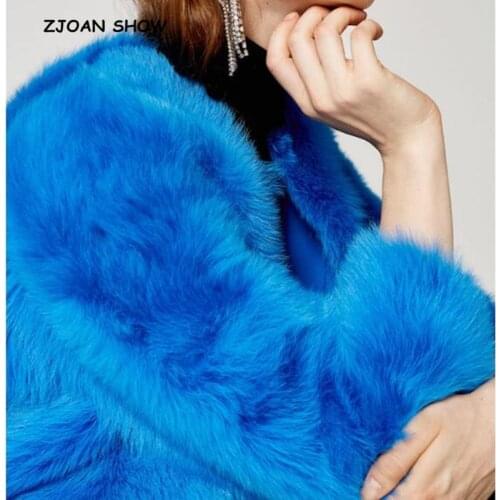 Women Winter Blue V Neck Hairy Shaggy Faux Fox Fur Jackets Vintage Long sleeve Furry Faux Fur Coat Loose Outerwear