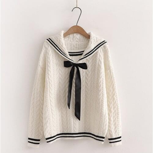 Korean Sailor Collar Striped Pullover Sweater Women Autumn Winter Sweet Bow Lacing Twist Knitted Cute Knittwear Female Outwear