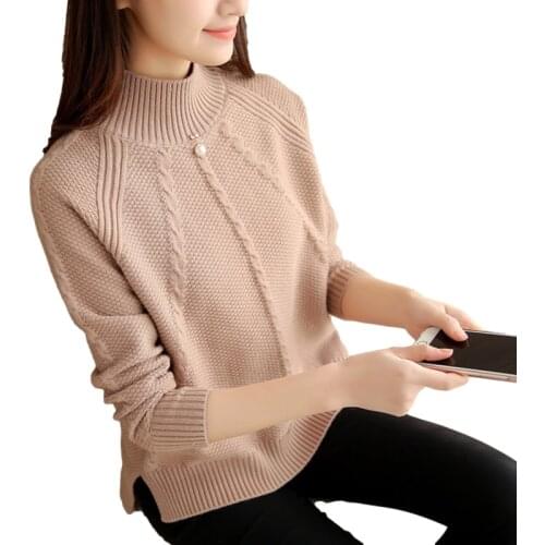 Half High Collar Long Sleeve Knitted Sweater Women Pullover Autumn Korean Loose Casual Jumper Ladies Mock Neck Knit Tops Female