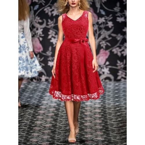 MISSJOY Crochet Floral Lace vintage dress elegant fashion women clothes sleeveless O-Neck high waist with Belt plus size 3XL-4XL