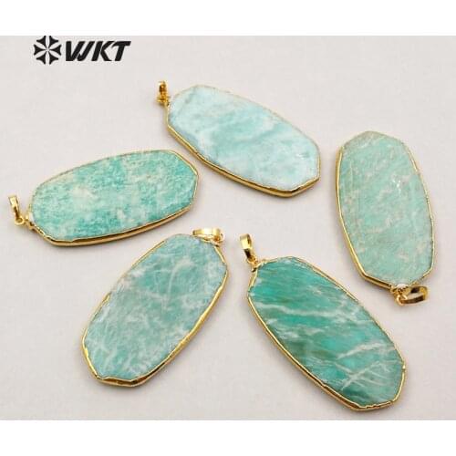 WT-P1192 Wholesale fashion jewelry natural amazonit stone pendant design High quality raw stone caved with 24k gold electroplate