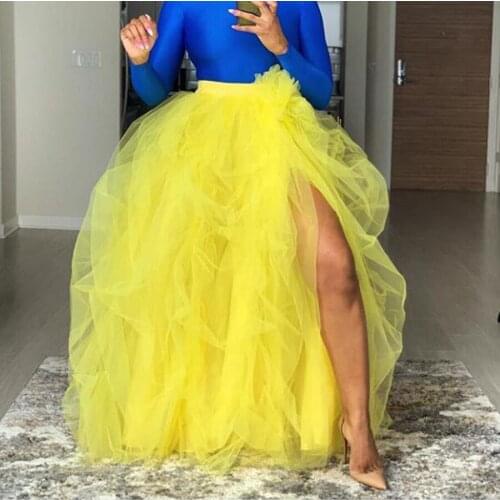Yellow Hot Pink Women Skirts Long Birthday GownsHigh Split Slit Tulle Skirt For Photo Shoot Only Skirt Custom Made Faldas Muje